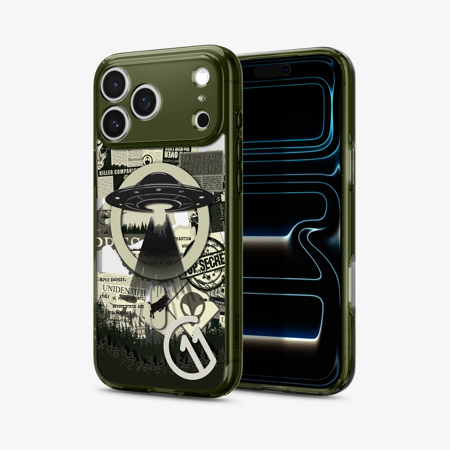 ACS12050 - Spigen Phantom C11 olive green iPhone 17 Pro case showing back and front view with lock screen visible