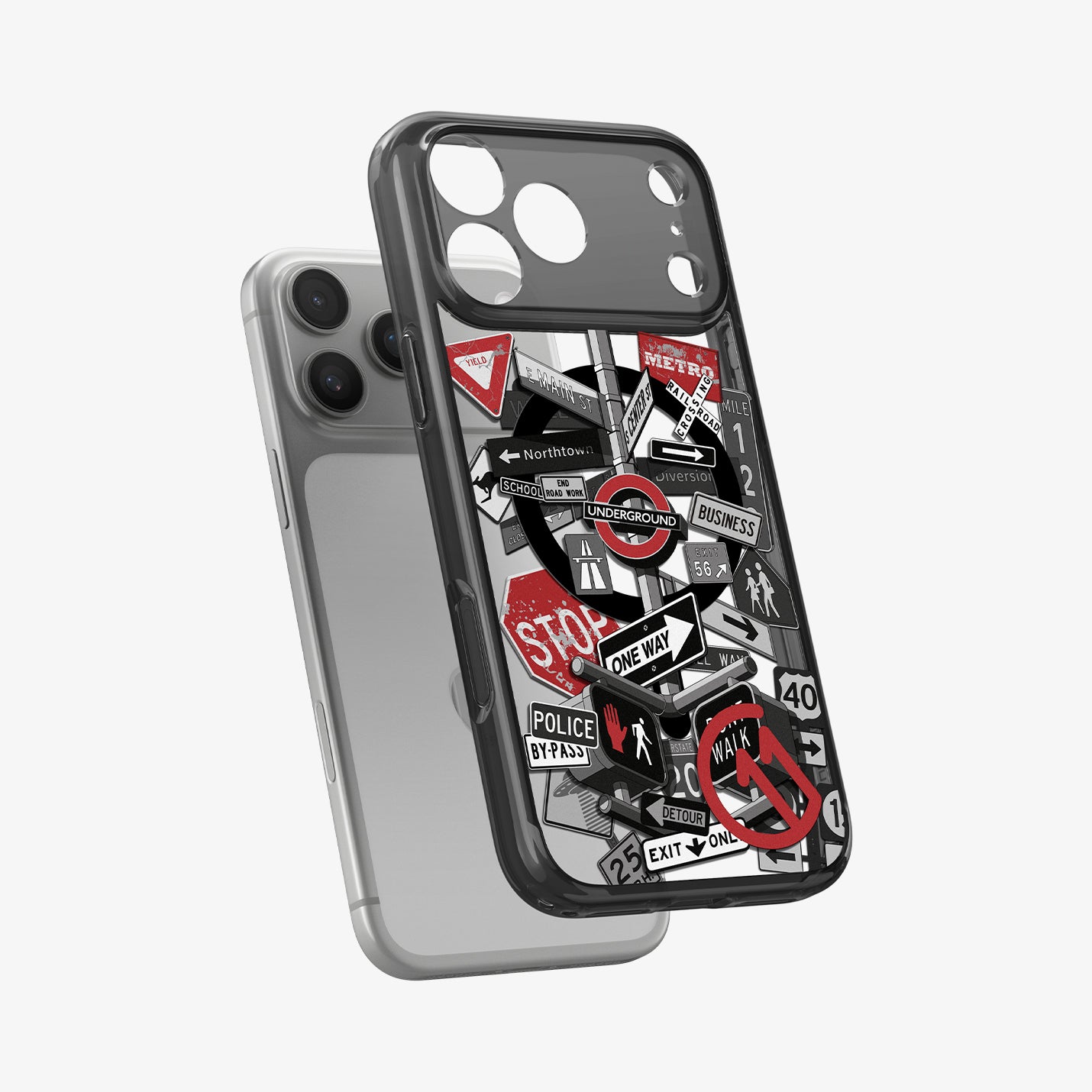 ACS11842 - Spigen Signal C11 iPhone 17 Pro case showing the Spigen Signal C11 case propped against a phone, with the street sign graphic design visible off the phone