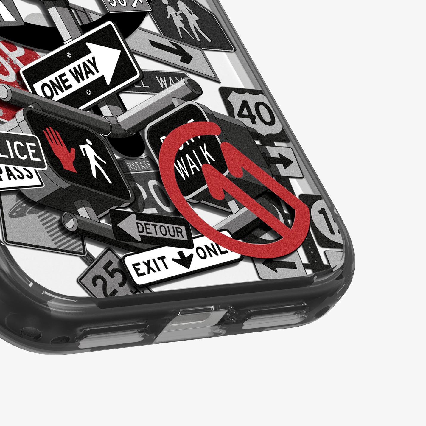 ACS11841 - Spigen Signal C11 iPhone 17 Pro Max case showing a close-up of the Spigen Signal C11 case bottom corner with Police, Detour, and Don't Walk sign graphics