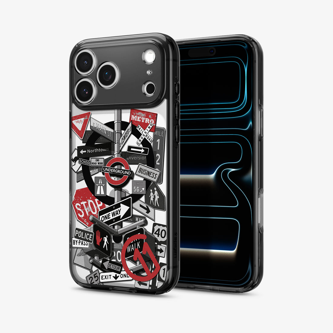 ACS11841 - Spigen Signal C11 iPhone 17 Pro Max case showing the Spigen Signal C11 case front view with lock screen displaying a flowing black and blue wallpaper