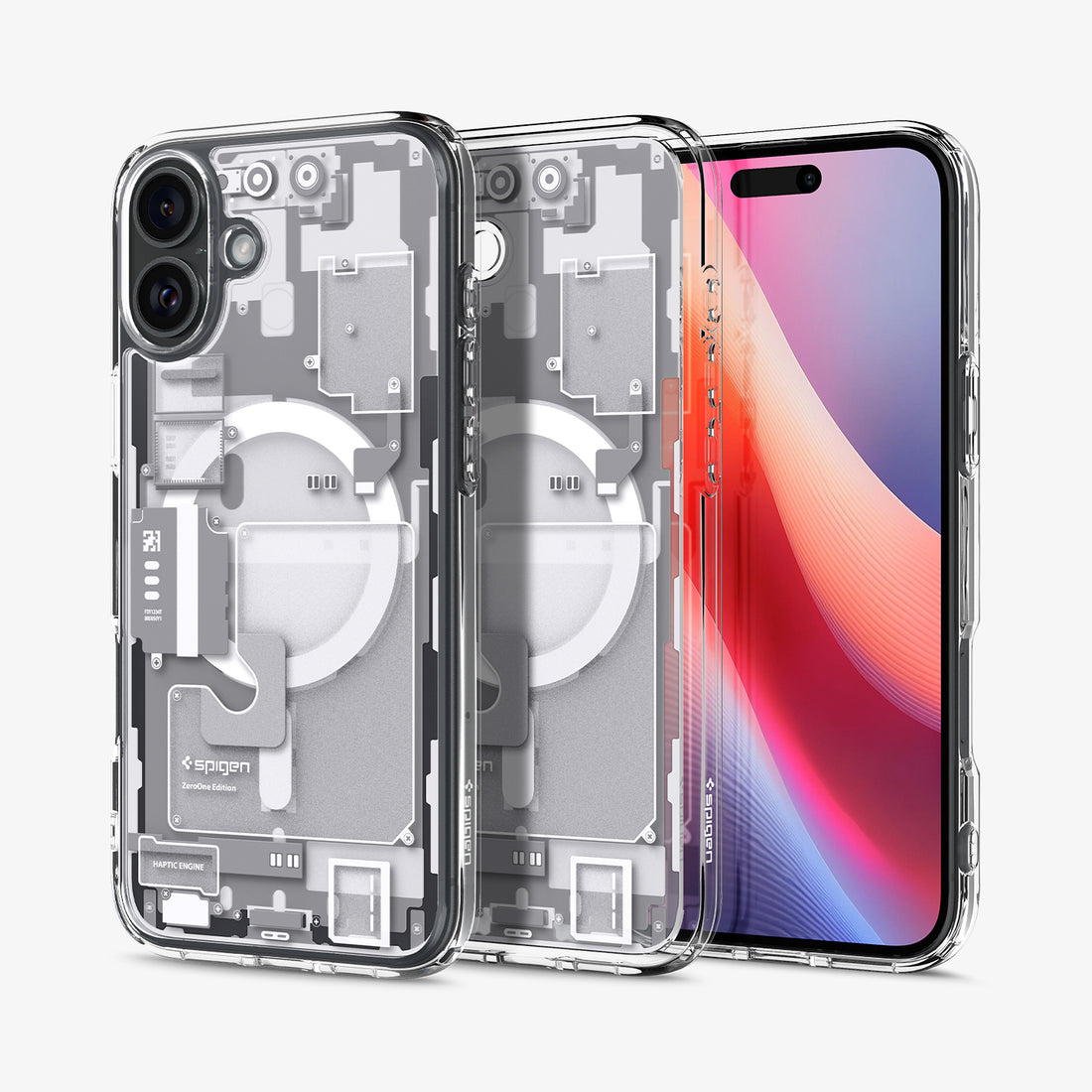 ACS08209 - iPhone 16 Case Ultra Hybrid Zero One (MagFit) in Zero One White showing the back, partial inner, partial front and sides of 3 cases aligned with each other