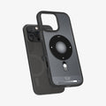 ACS08384 - iPhone 16 Pro Case Ultra Hybrid Classic (MagFit) in Classic Black showing the back, partial side and bottom hovering in front of the device