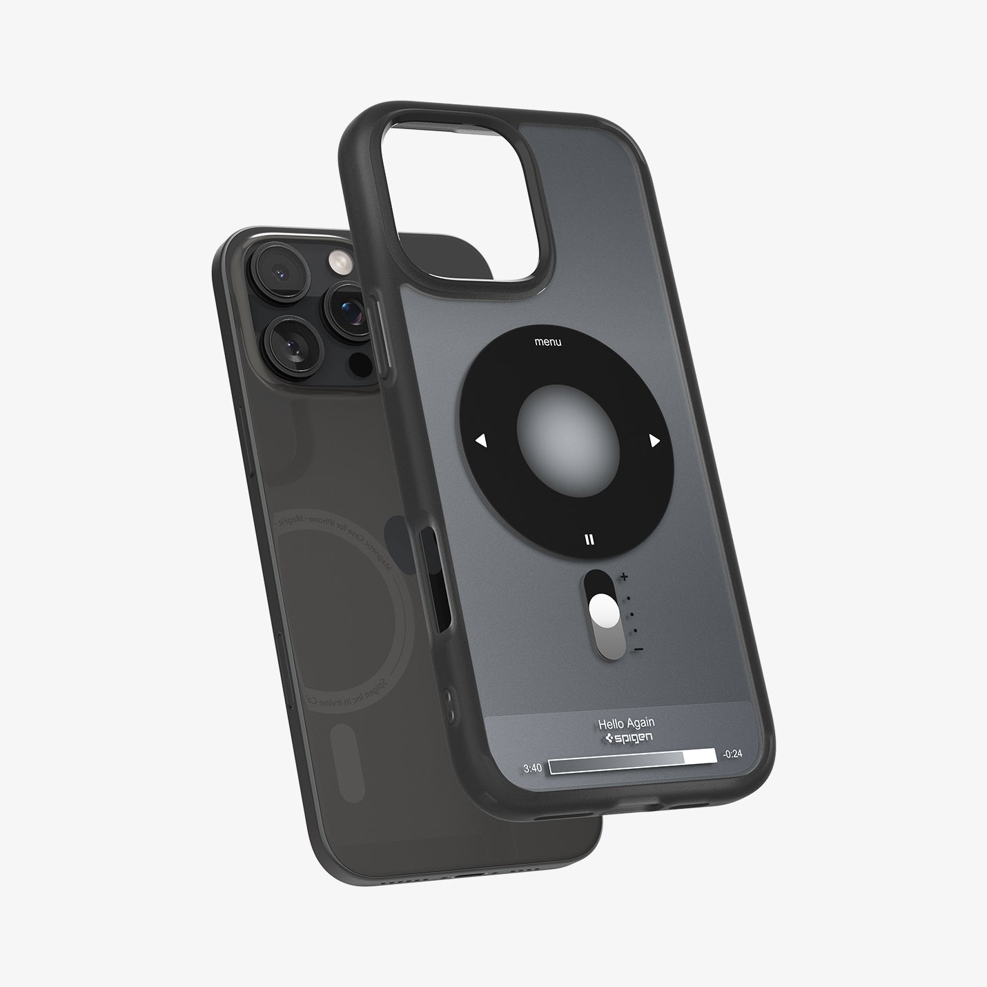 ACS08384 - iPhone 16 Pro Case Ultra Hybrid Classic (MagFit) in Classic Black showing the back, partial side and bottom hovering in front of the device