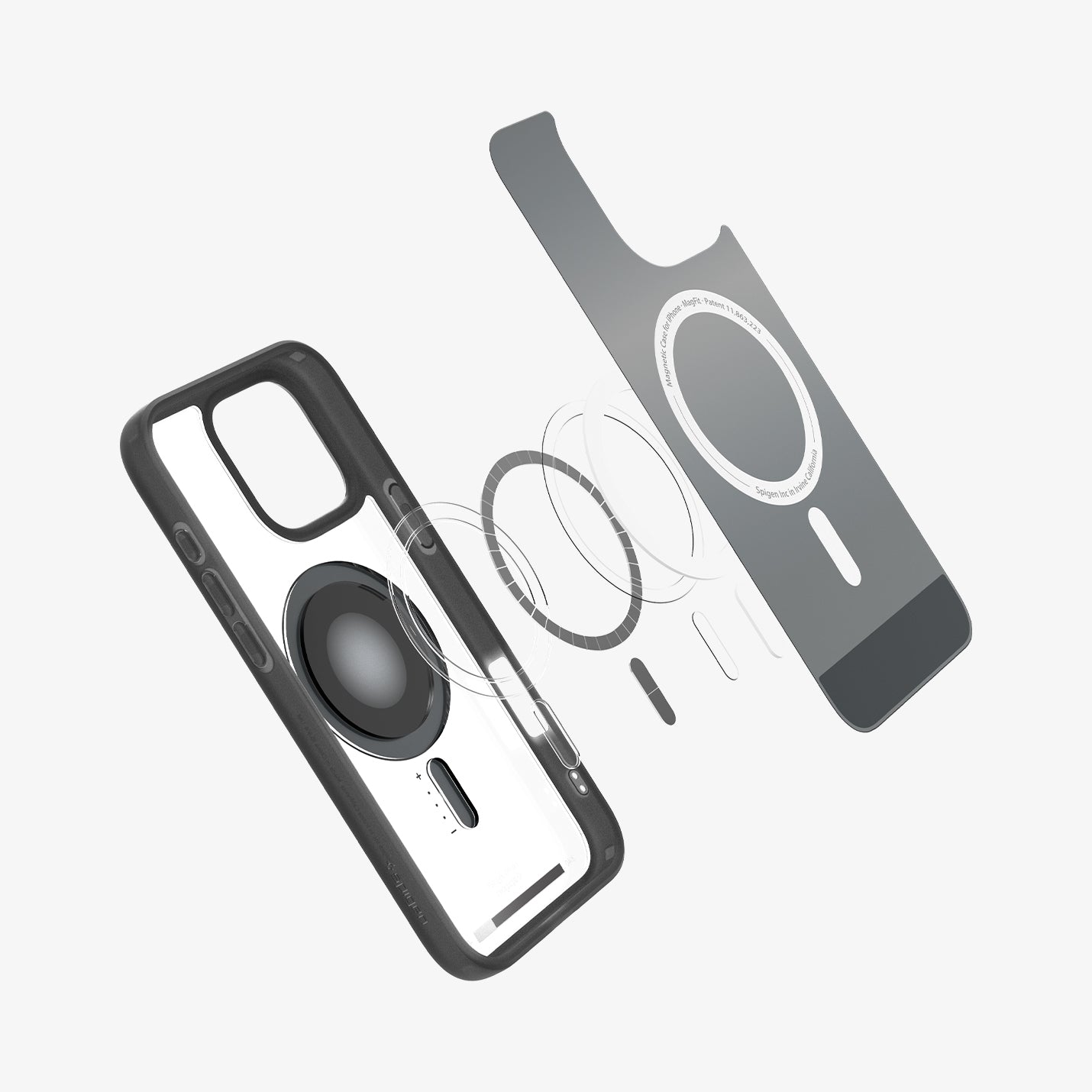 ACS08384 - iPhone 16 Pro Case Ultra Hybrid Classic (MagFit) in Classic Black showing the detached metal ring plate and the case