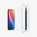 AGL07928 - iPhone 17 Pro / iPhone 17 GLAS.tR EZ Fit | Sensor Protected showing the installation tray hovering in front of a screen film screen, screen protector and the device