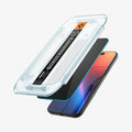 AGL07929 - iPhone 17 Pro GLAS.tR EZ Fit Privacy showing the installation tray hovering above the screen protector and the device
