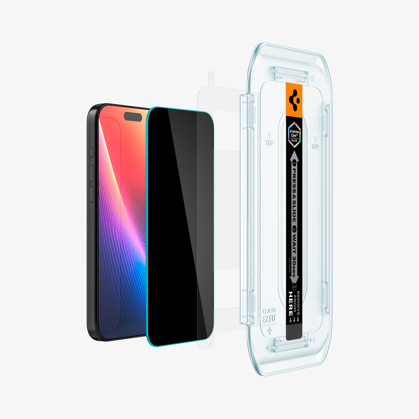 AGL07929 - iPhone 17 Pro showing the installation tray hovering in front of a screen film screen, screen protector and the device