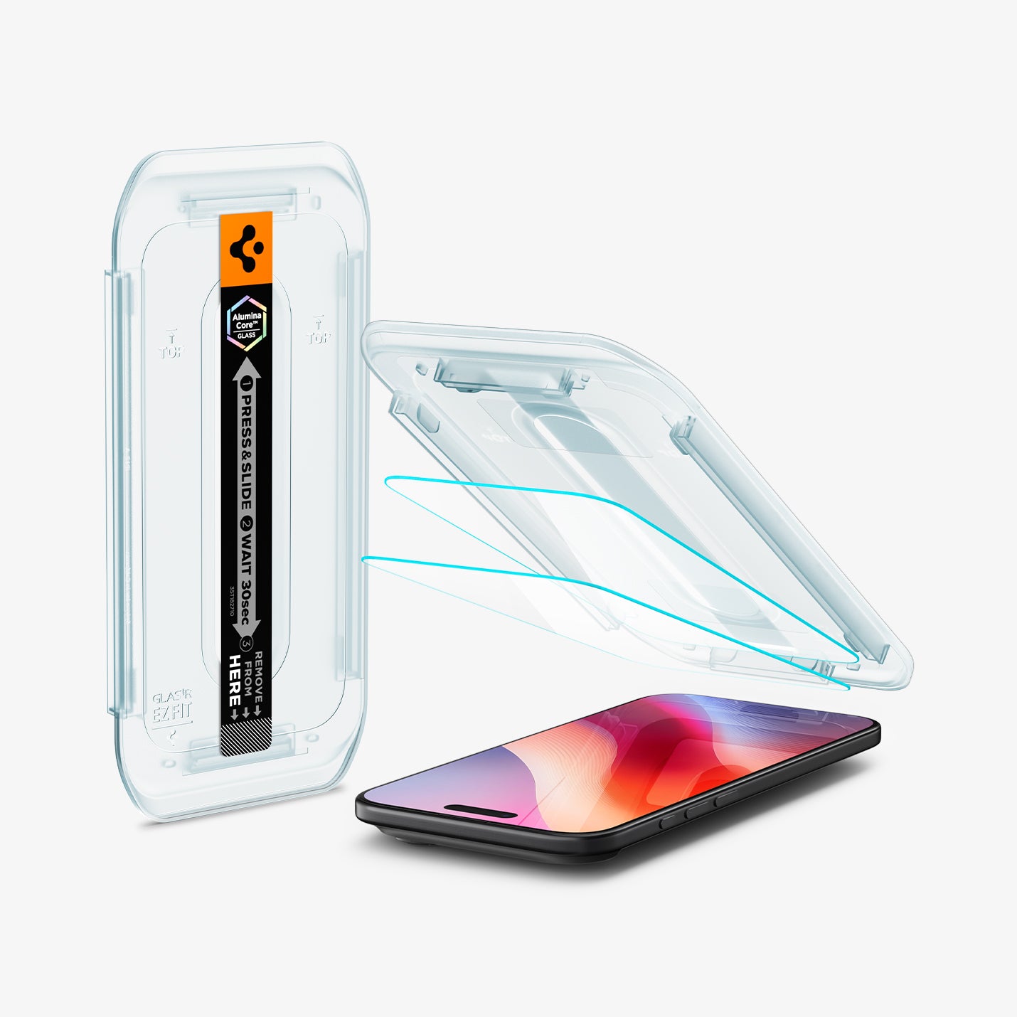 AGL09861 - iPhone 17 Air GLAS.tR EZ Fit | Sensor Protected showing the installation tray hovering above the 2 screen protector and the device, beside it is another installation tray