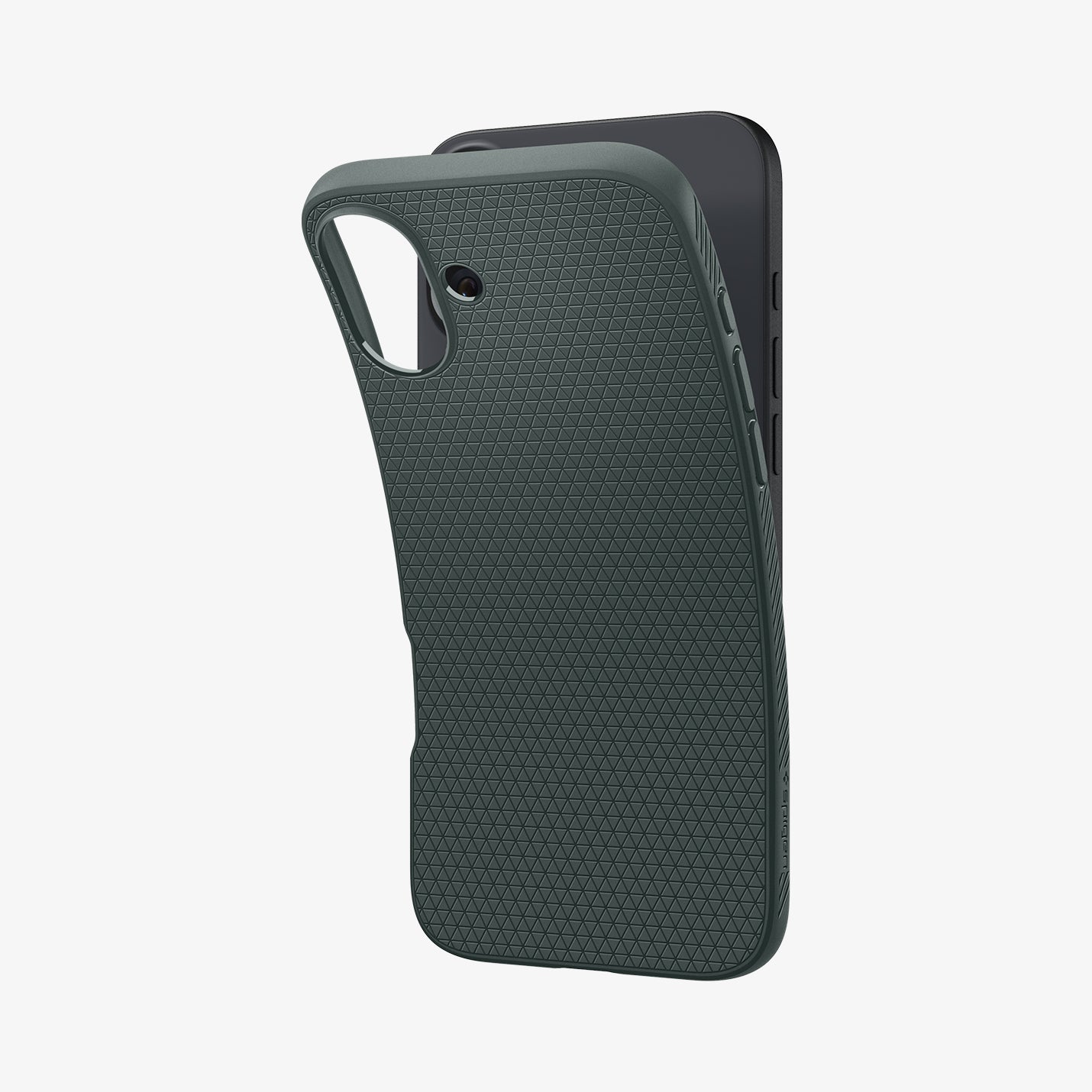 ACS08068 - iPhone 16 Plus Case Liquid Air in Abyss Green showing the back, partially peeled off from the device