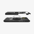 ACS08227 - iPhone 16 Case Slim Armor (MagFit) in Black showing the back cover hovering above detached metal ring plate and the back of the case
