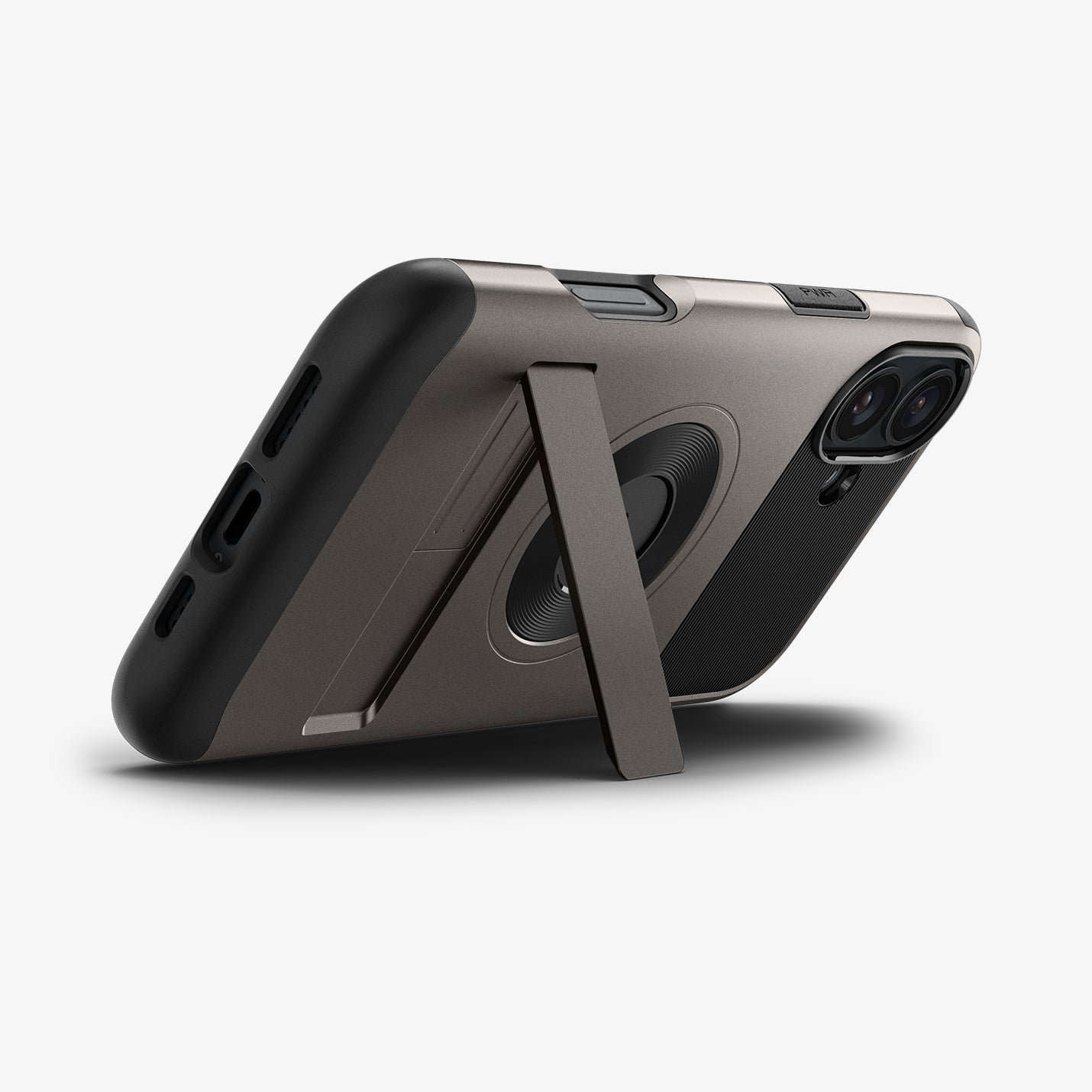 ACS08226 - iPhone 16 Case Slim Armor (MagFit) in Gunmetal showing the back, partial side and bottom, propped up with a built-in kickstand
