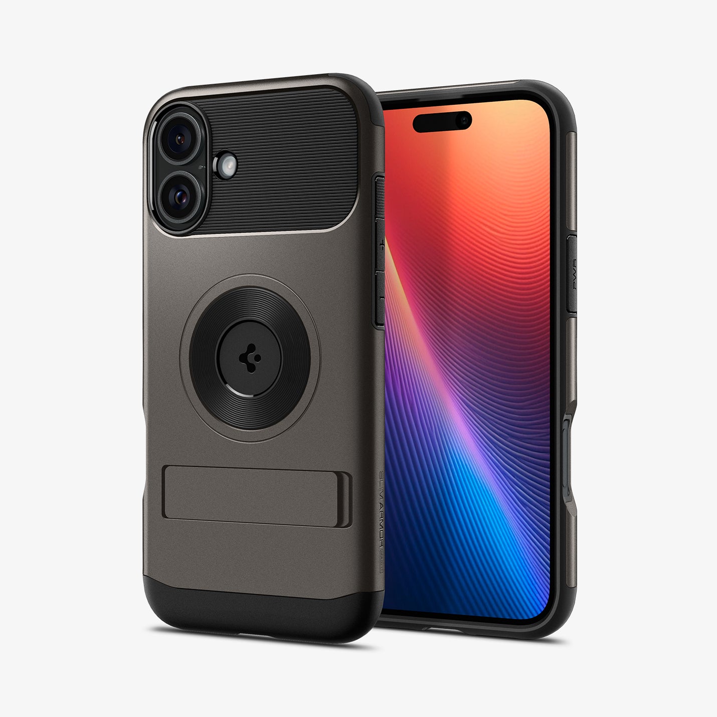 ACS08226 - iPhone 16 Case Slim Armor (MagFit) in Gunmetal showing the back, partial front and sides