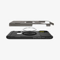 ACS08226 - iPhone 16 Case Slim Armor (MagFit) in Gunmetal showing the back cover hovering above detached metal ring plate and the back of the case