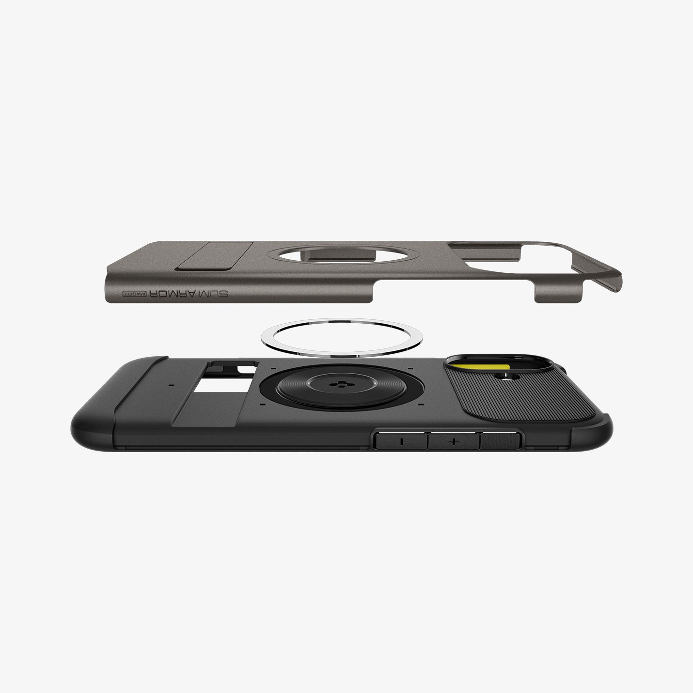 ACS08226 - iPhone 16 Case Slim Armor (MagFit) in Gunmetal showing the back cover hovering above detached metal ring plate and the back of the case