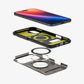 ACS08226 - iPhone 16 Case Slim Armor (MagFit) in Gunmetal showing the device hovering above the detached back  casing, metal ring plate and back cover of the case