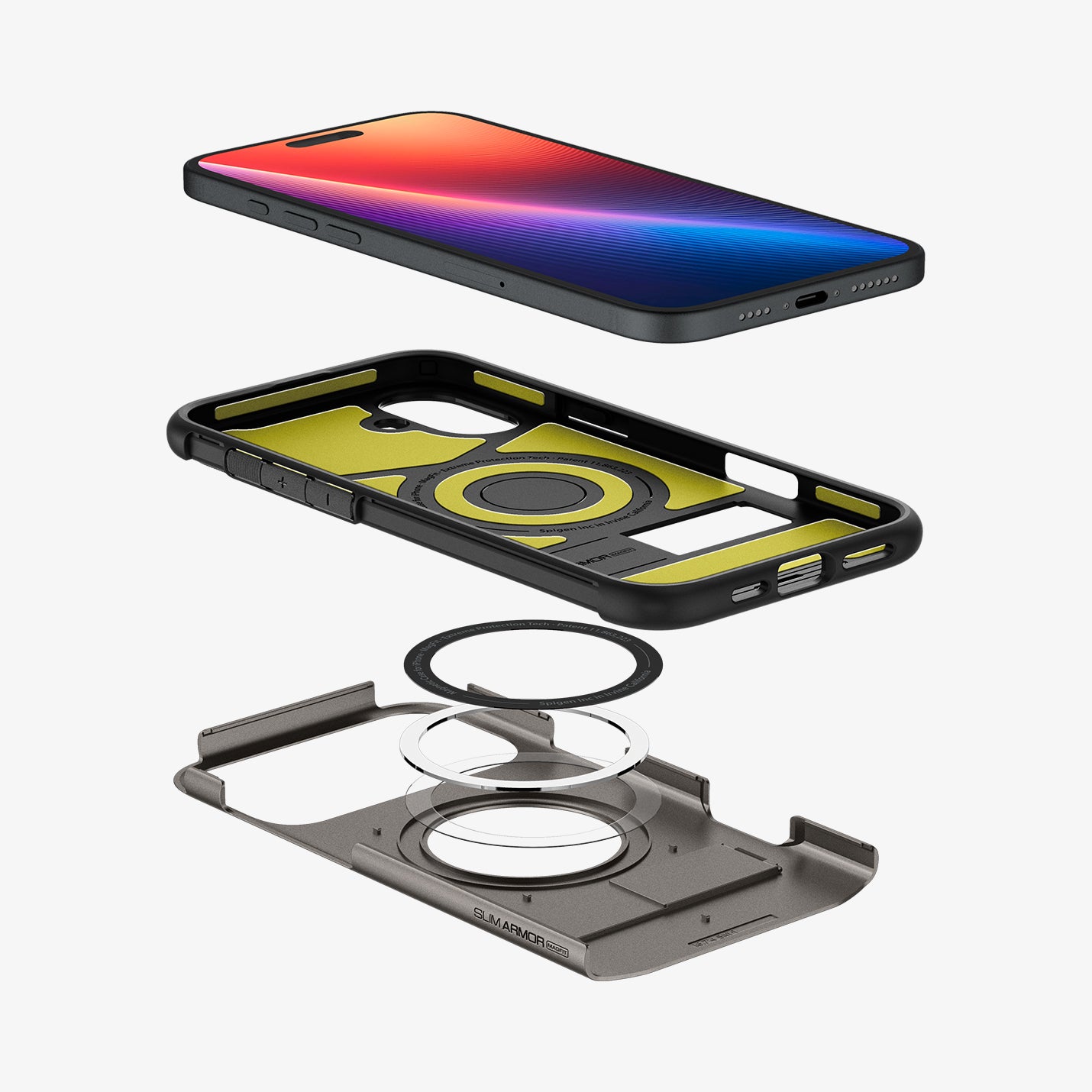 ACS08226 - iPhone 16 Case Slim Armor (MagFit) in Gunmetal showing the device hovering above the detached back  casing, metal ring plate and back cover of the case