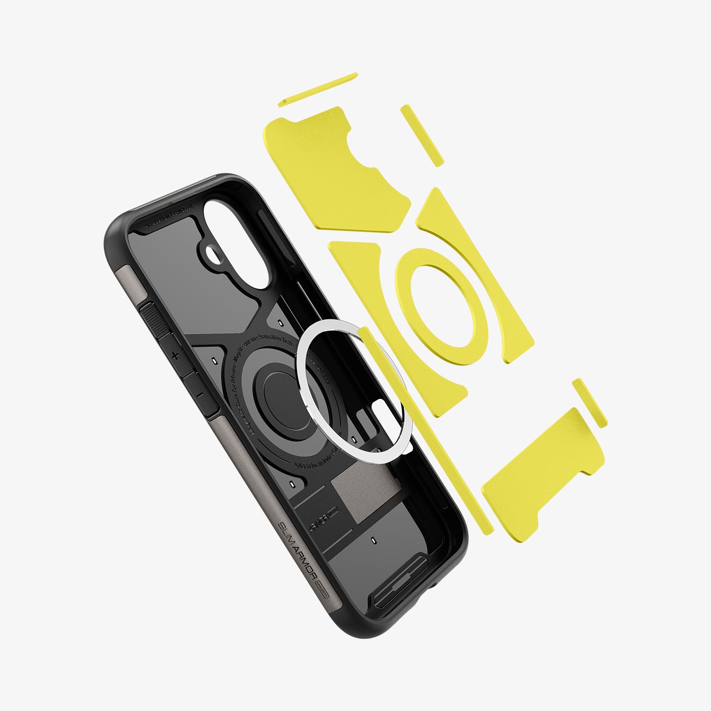 ACS08226 - iPhone 16 Case Slim Armor (MagFit) in Gunmetal showing the detached impact foam hovering in front of the metal ring plate and the back casing showing inner side