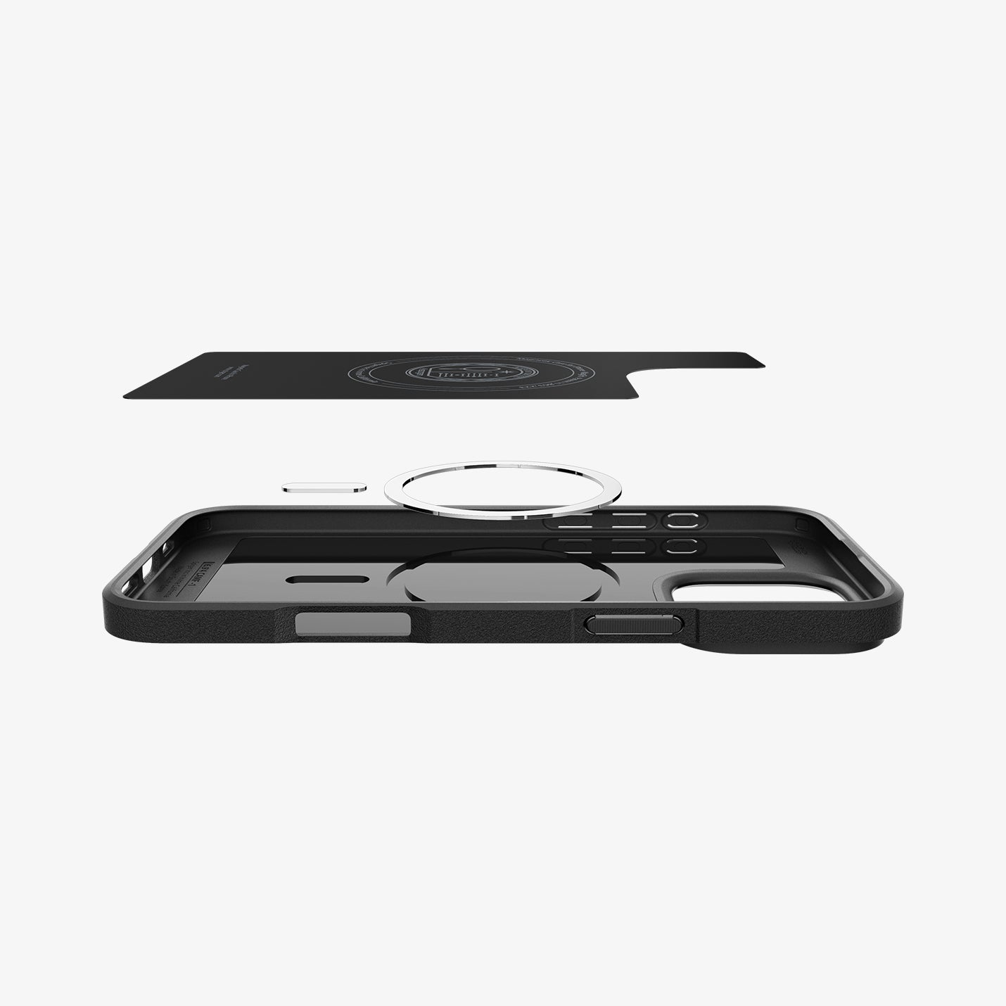 ACS08158 - iPhone 16 Pro Case Core Armor (MagFit) in Matte Black showing the detached  soft inner layer hovering above the metal ring plate and the case