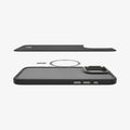 ACS08501 - iPhone 16 Pro Max Case Enzo Aramid in Black Natural showing the back layer of the case hovering above the detached metal ring plate and the back of the phone case