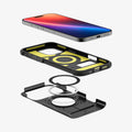 ACS08164 - iPhone 16 Pro Case Slim Armor (MagFit) in Black showing the device hovering above the detached back  casing, metal ring plate and back cover of the case