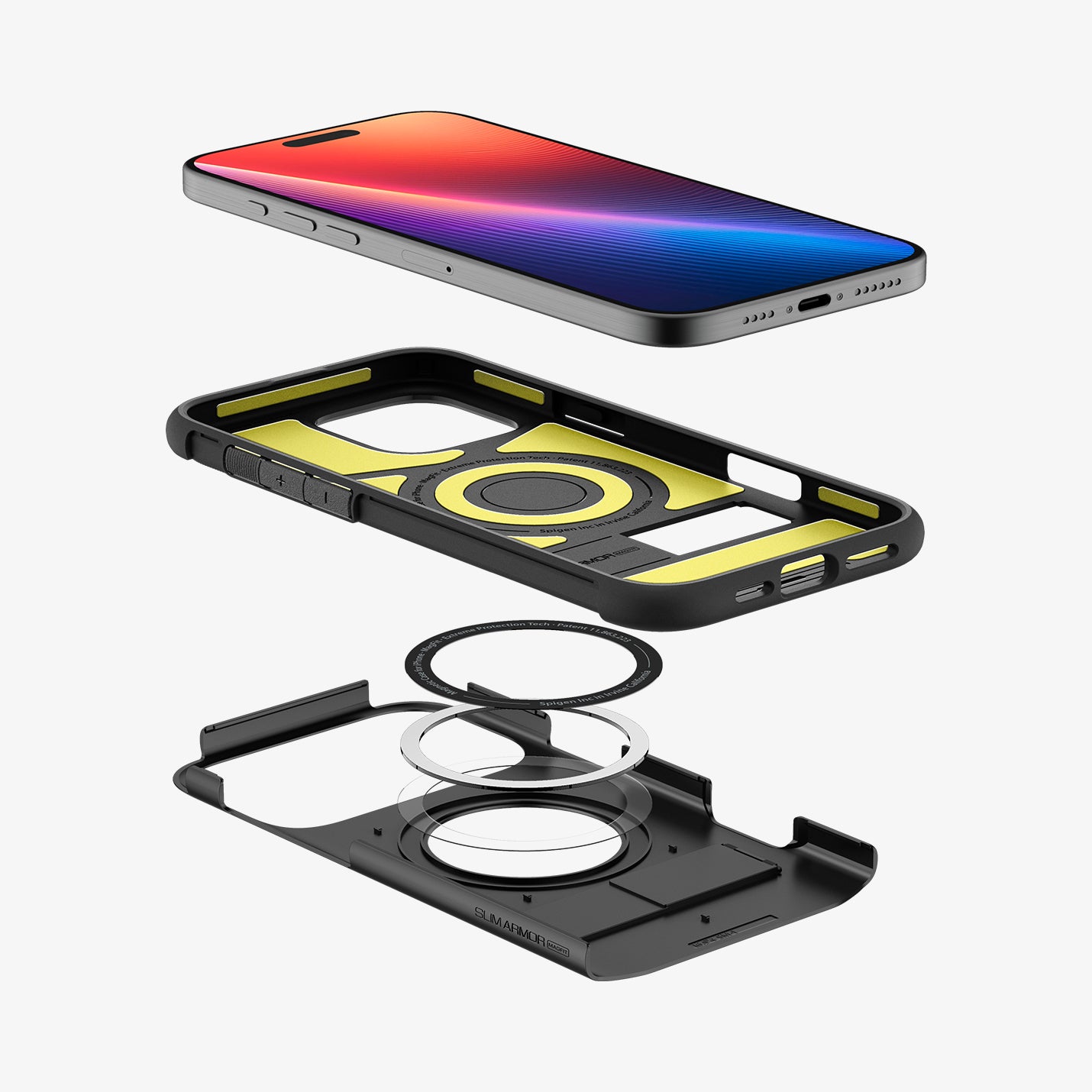 ACS08164 - iPhone 16 Pro Case Slim Armor (MagFit) in Black showing the device hovering above the detached back  casing, metal ring plate and back cover of the case