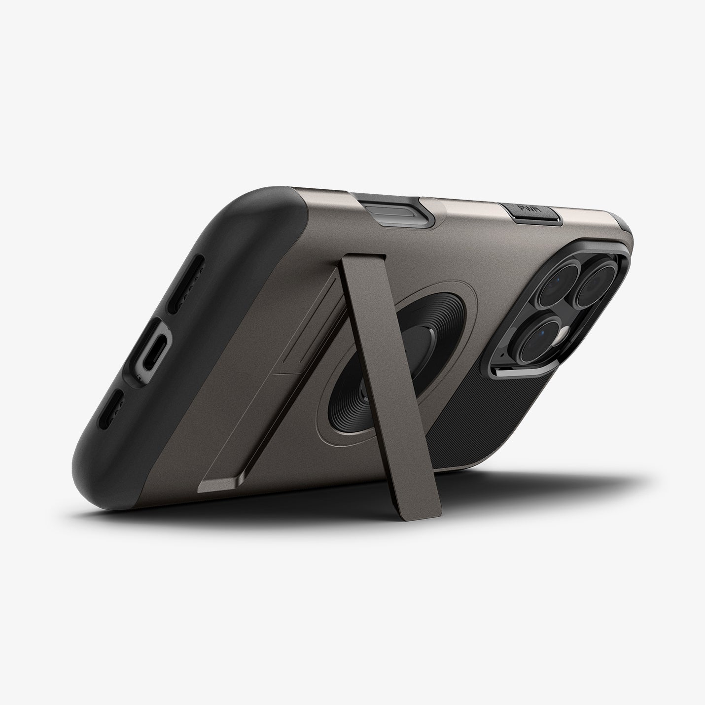 ACS08163 - iPhone 16 Pro Case Slim Armor (MagFit) in Gunmetal showing the back, partial side and bottom, propped up with a built-in kickstand