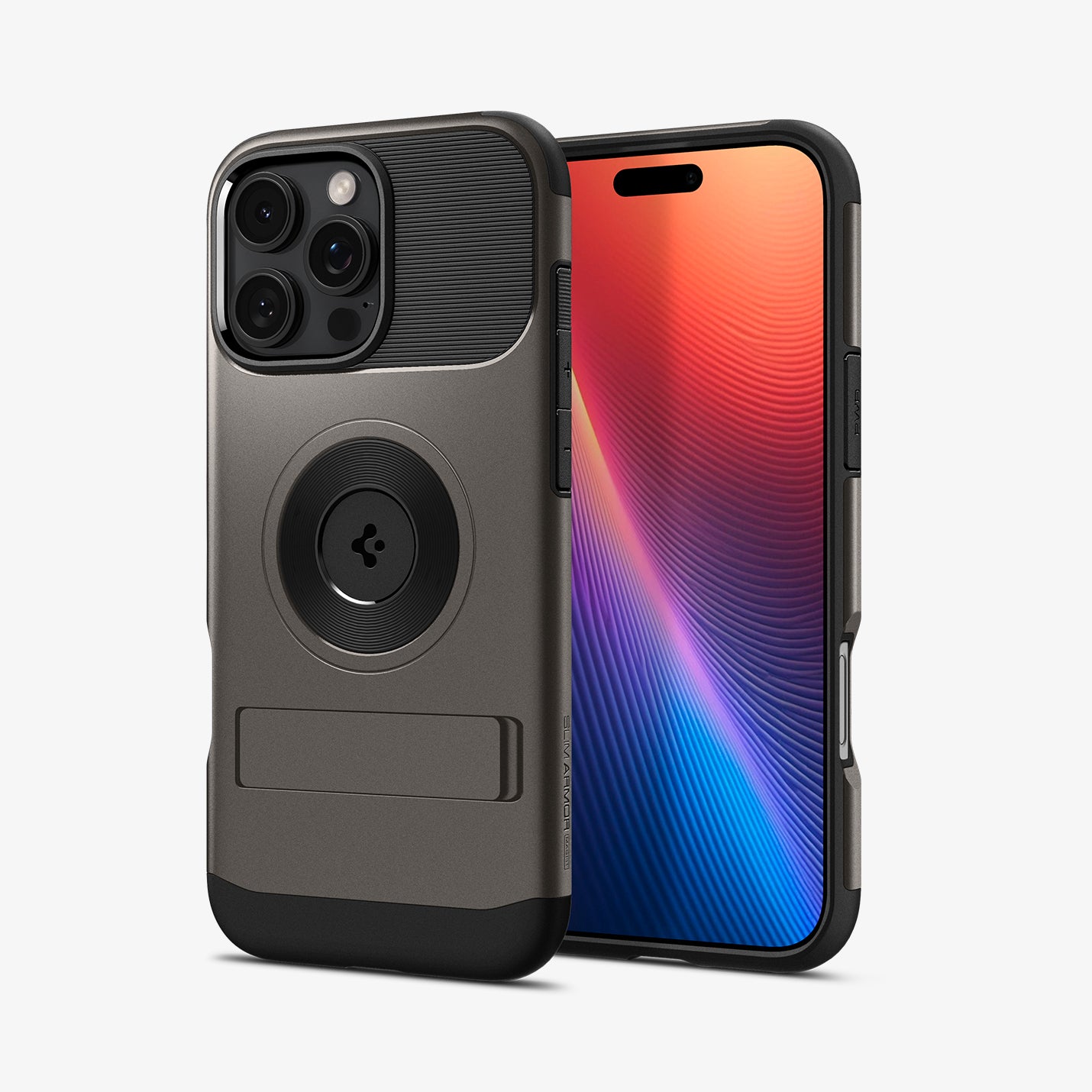 ACS08163 - iPhone 16 Pro Case Slim Armor (MagFit) in Gunmetal showing the back, partial front and sides