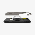 ACS08163 - iPhone 16 Pro Case Slim Armor (MagFit) in Gunmetal showing the back cover hovering above detached metal ring plate and the back of the case