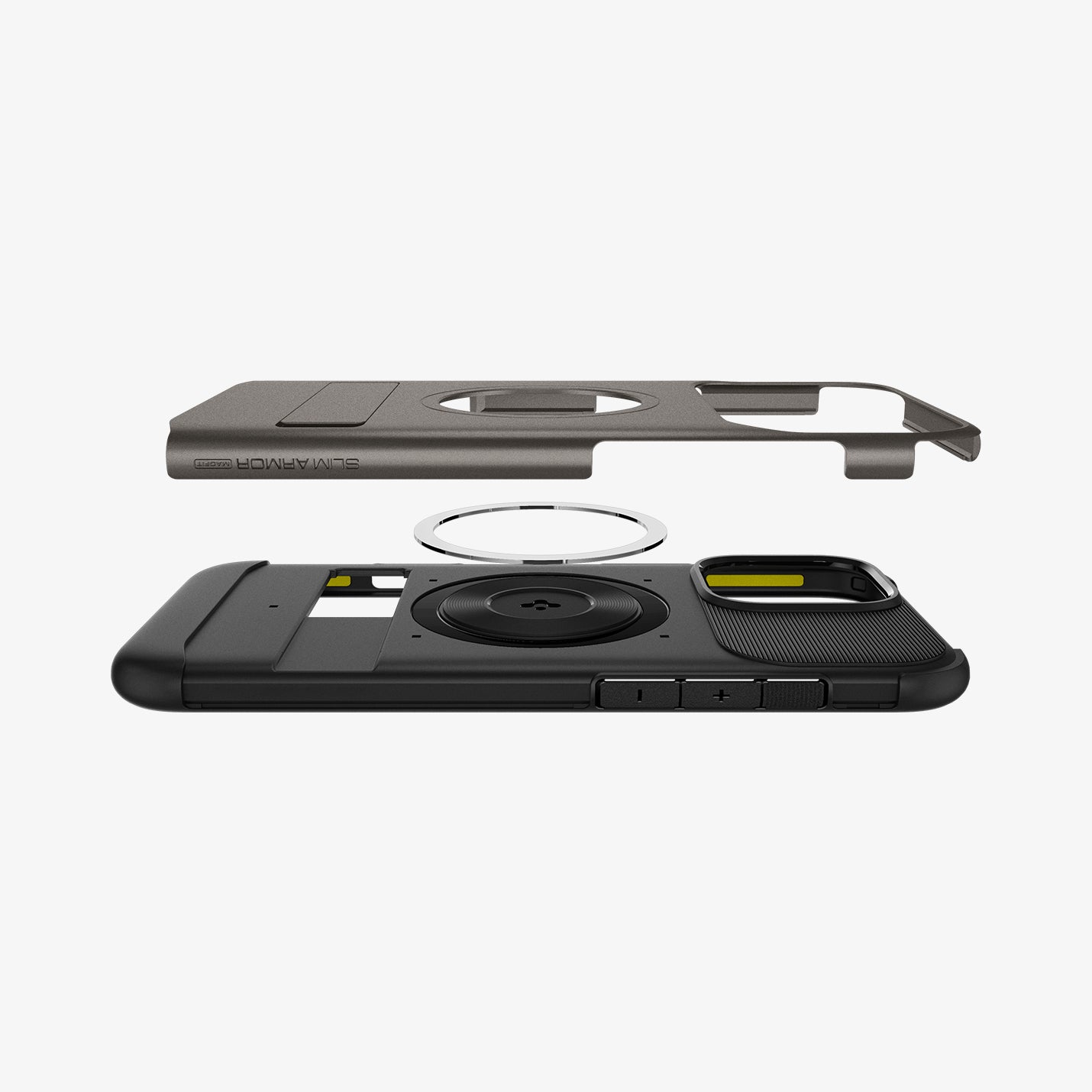 ACS08163 - iPhone 16 Pro Case Slim Armor (MagFit) in Gunmetal showing the back cover hovering above detached metal ring plate and the back of the case