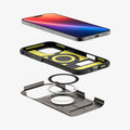 ACS08033 - iPhone 16 Pro Max Case Slim Armor (MagFit) in Gunmetal showing the device hovering above the detached back  casing, metal ring plate and back cover of the case