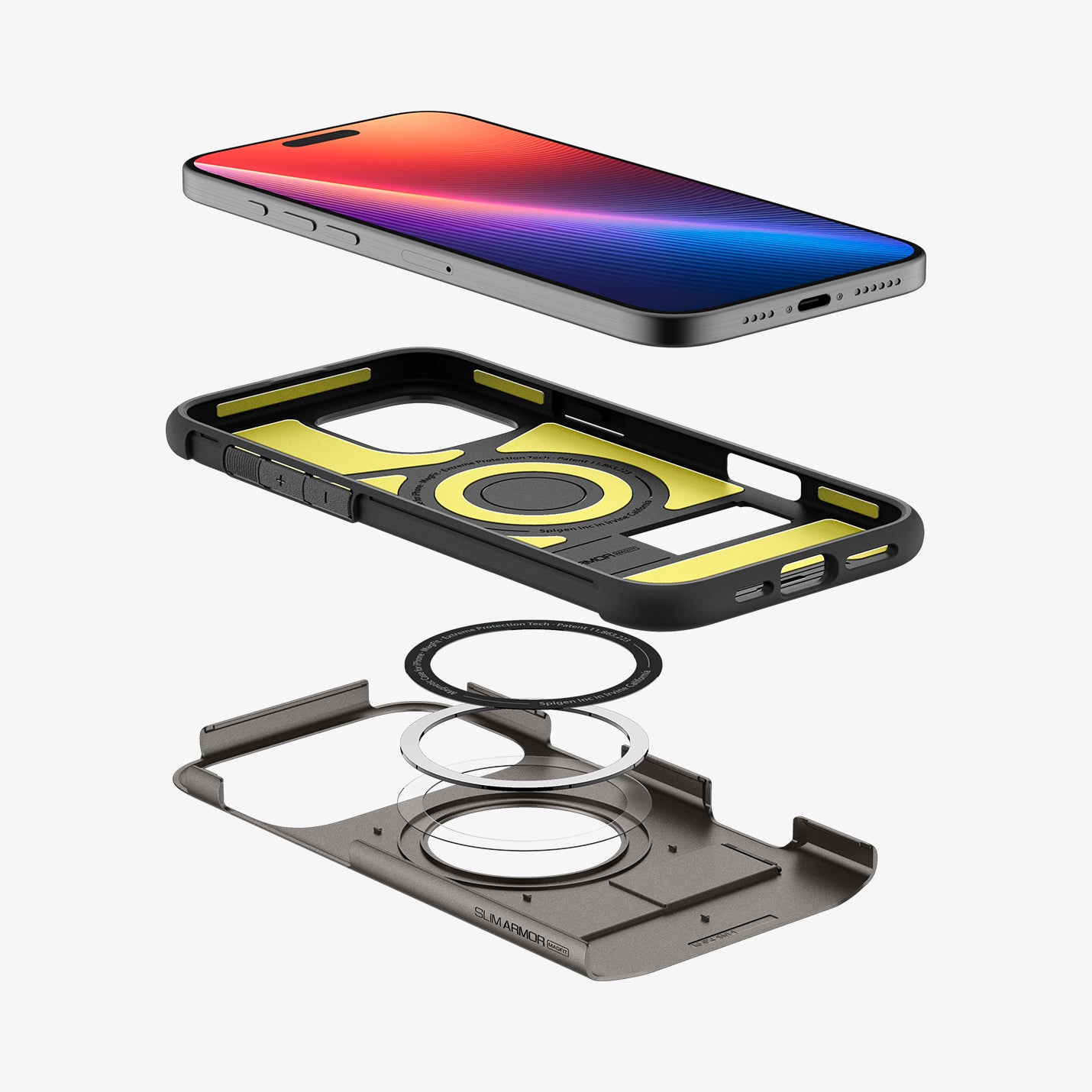 ACS08163 - iPhone 16 Pro Case Slim Armor (MagFit) in Gunmetal showing the device hovering above the detached back  casing, metal ring plate and back cover of the case