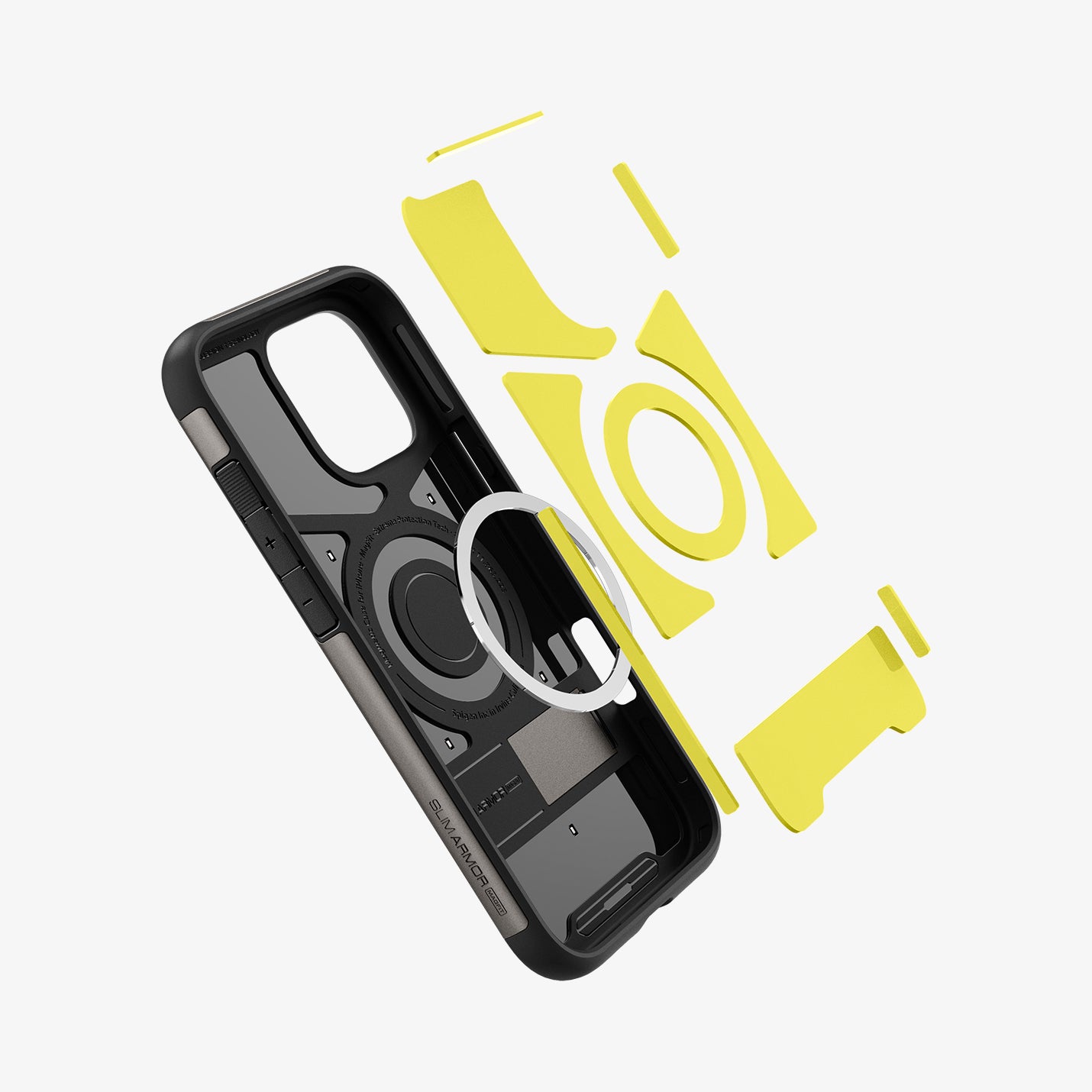 ACS08163 - iPhone 16 Pro Case Slim Armor (MagFit) in Gunmetal showing the detached impact foam hovering in front of the metal ring plate and the back casing showing inner side