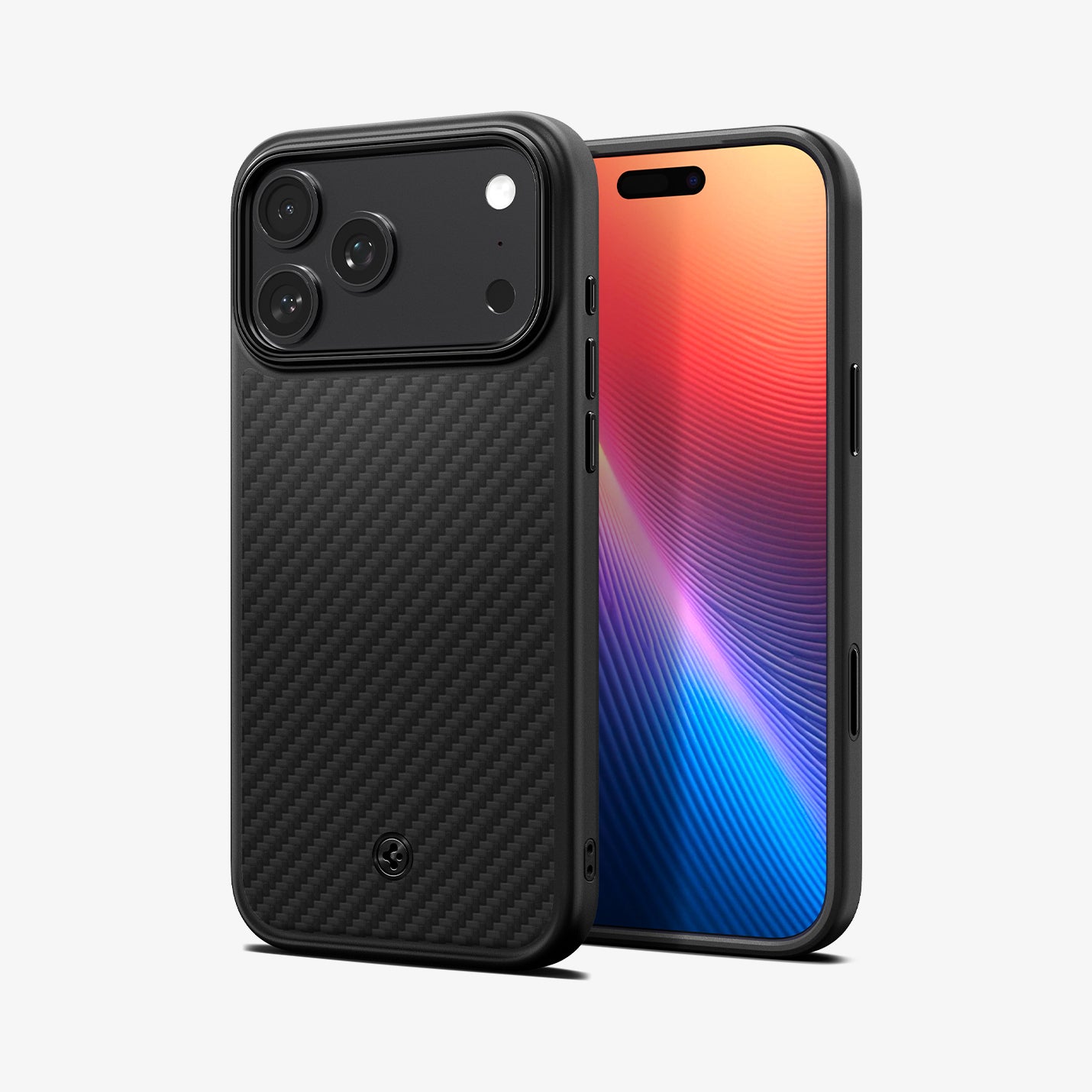 ACS09959CA - iPhone 18 Pro / iPhone 17 Pro Enzo Aramid T (Mag Fit) Black Black showing front and back views highlighting the slim profile, textured finish, and precise button cutouts