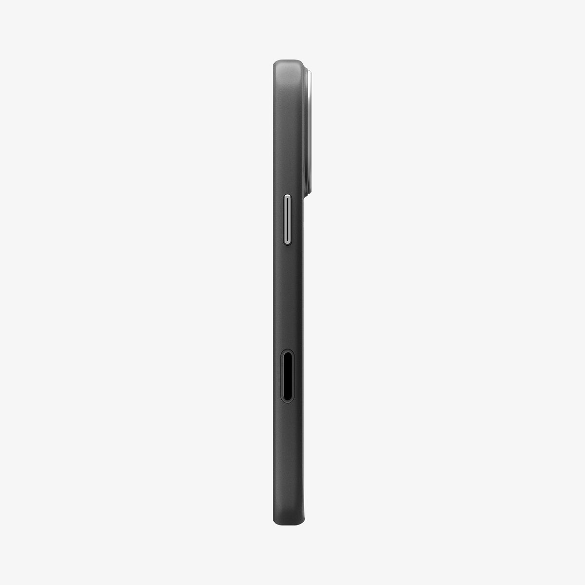 ACS09905CC - iPhone 18 Pro Max / iPhone 17 Pro Max Enzo Aramid T (Mag Fit) Black Silver showing a side profile highlighting the slim frame, button cover, and port opening