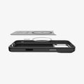 ACS09905CC - iPhone 18 Pro Max / iPhone 17 Pro Max Enzo Aramid T (Mag Fit) Black Silver showing an exploded view of the case layers with an integrated magnetic ring