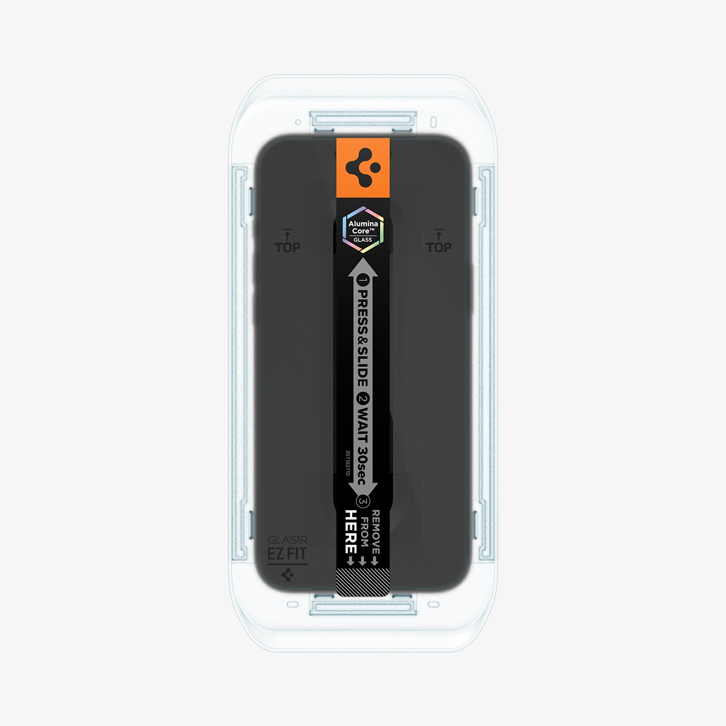 AGL07907 - iPhone 17 Pro Max GLAS.tR EZ Fit | Sensor Protected showing the front, with installation tray attached to the device