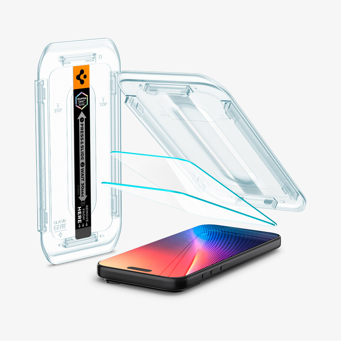 AGL07907 - iPhone 17 Pro Max GLAS.tR EZ Fit | Sensor Protected showing the installation tray hovering above the 2 screen protector and the device, beside it is another installation tray with case
