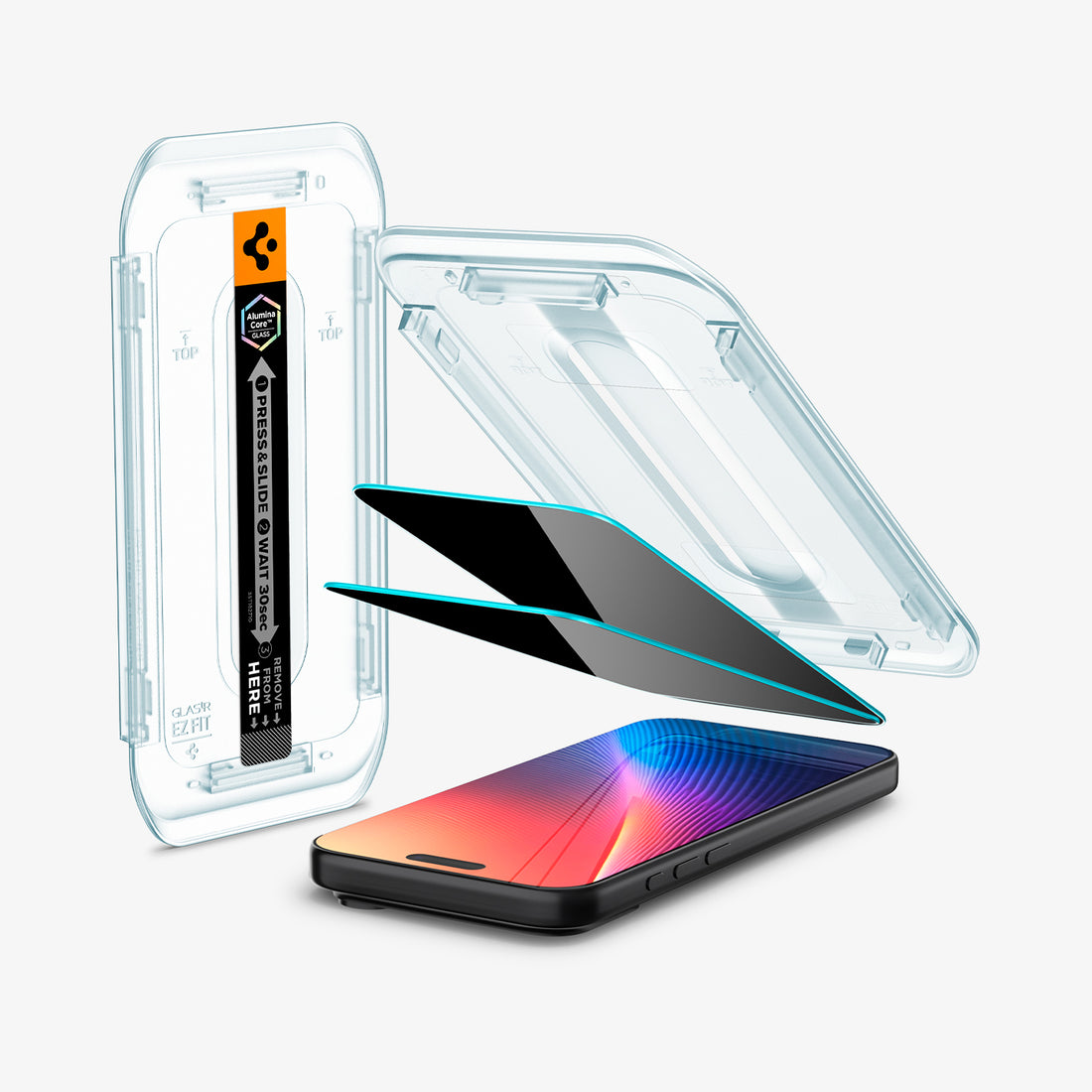 AGL07908 - iPhone 17 Pro Max GLAS.tR EZ Fit Privacy showing the installation tray hovering above the 2 screen protector and the device, beside it is another installation tray with case