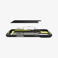 ACS08115 - iPhone 16 Pro Case Rugged Armor (MagFit) in Matte Black showing the detached inner soft layer cover hovering above the detached metal ring plate and the inner of the case