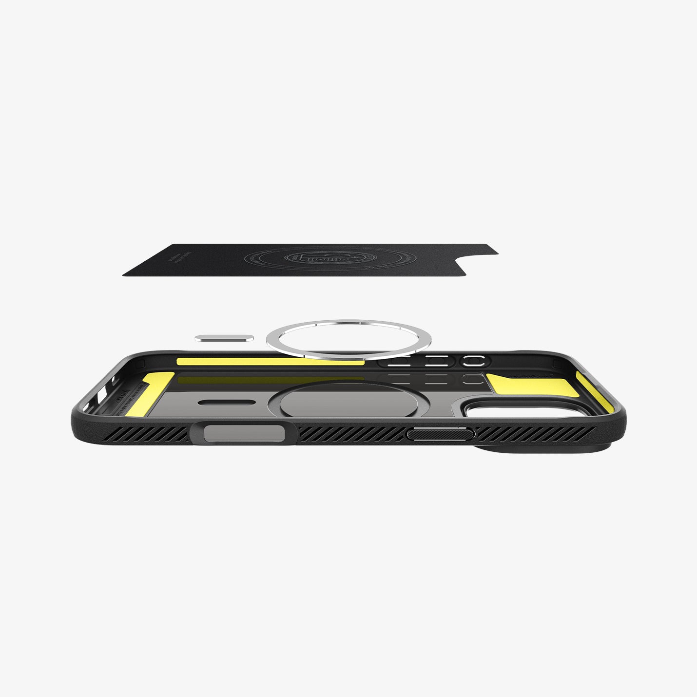 ACS08115 - iPhone 16 Pro Case Rugged Armor (MagFit) in Matte Black showing the detached inner soft layer cover hovering above the detached metal ring plate and the inner of the case