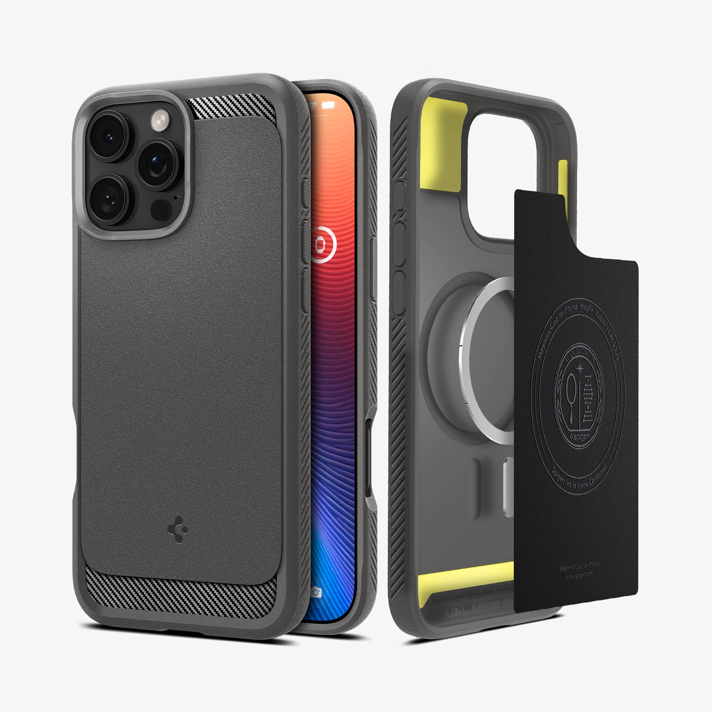 ACS08116 - iPhone 16 Pro Case Rugged Armor (MagFit) in Gray showing the back, partial sides, front, inner of the case, inner soft layer and metal ring plate hovering in front