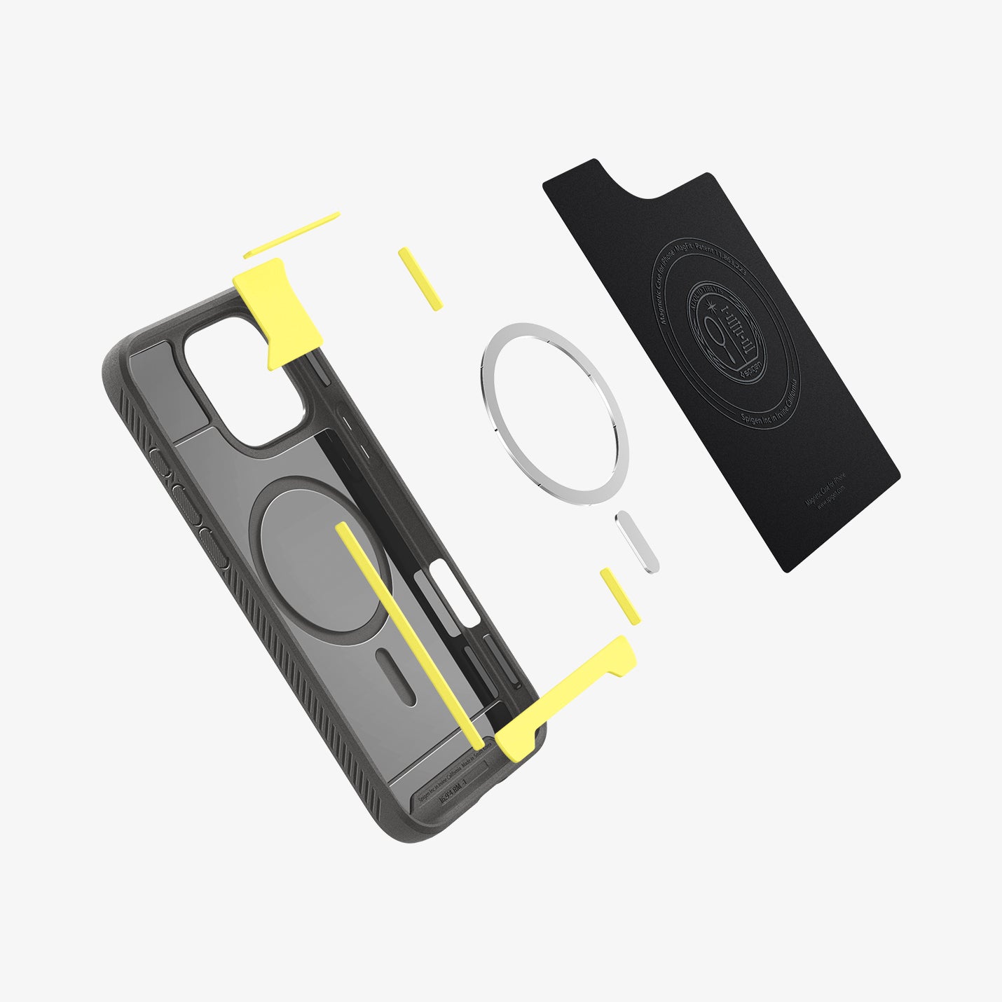 ACS07987 - iPhone 16 Pro Max Case Rugged Armor (MagFit) in Gray showing the inner soft layer of the case hovering in front of the detached metal ring plate, impact foam and the inner case