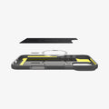 ACS07987 - iPhone 16 Pro Max Case Rugged Armor (MagFit) in Gray showing the detached inner soft layer cover hovering above the detached metal ring plate and the inner of the case