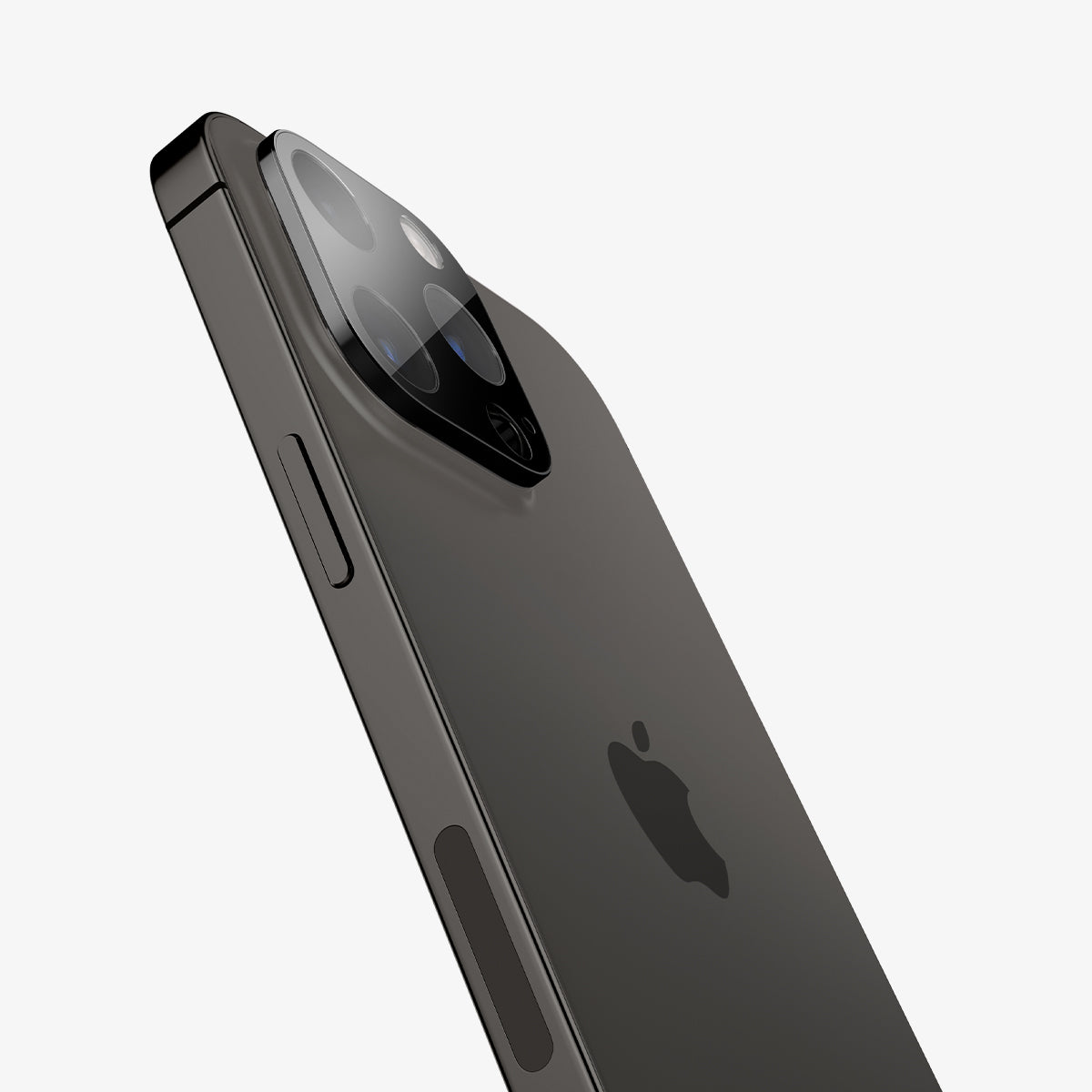 AGL06913 - iPhone 14 Pro / 14 Pro Max Optik Lens Protector in black showing the back, side and zoomed in on camera lens