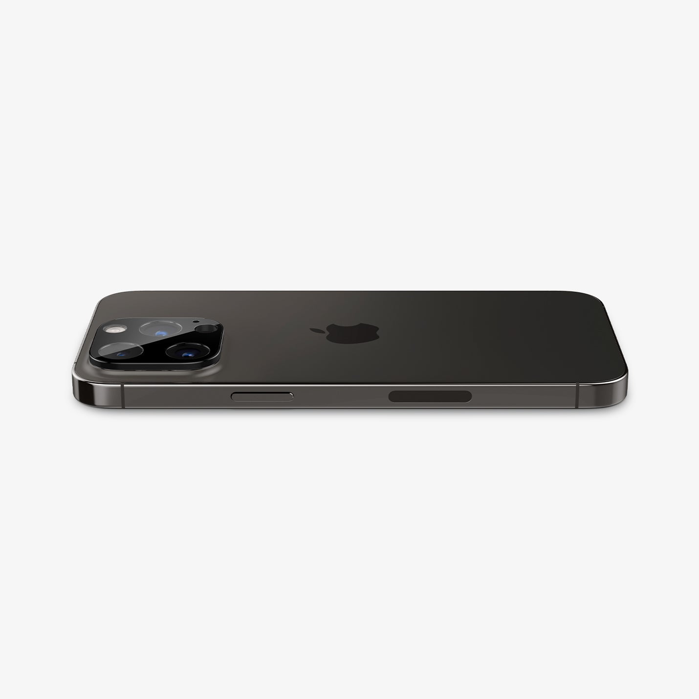 AGL06913 - iPhone 14 Pro / 14 Pro Max Optik Lens Protector in black showing the back and side with device laying flat