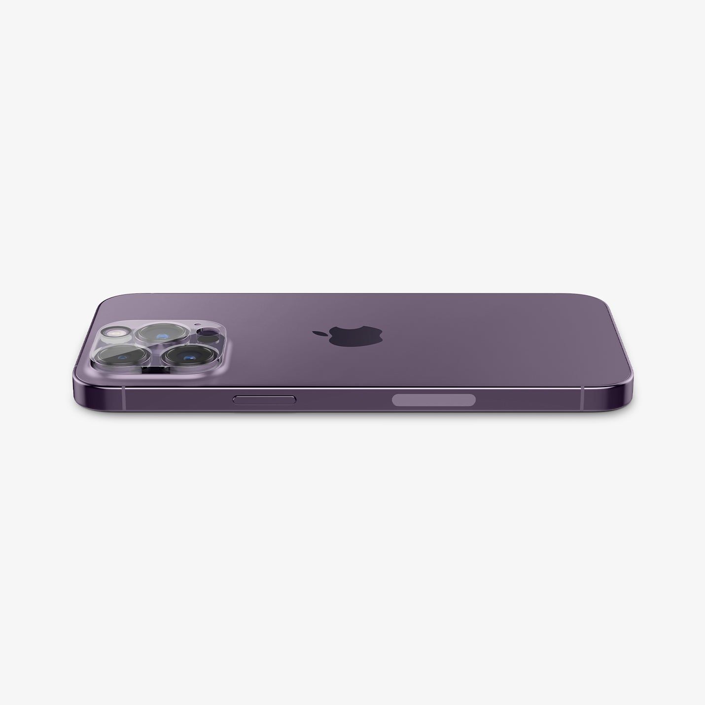AGL05761 - iPhone 14 Pro / 14 Pro Max Optik Lens Protector in crystal clear showing the back and side with device laying flat