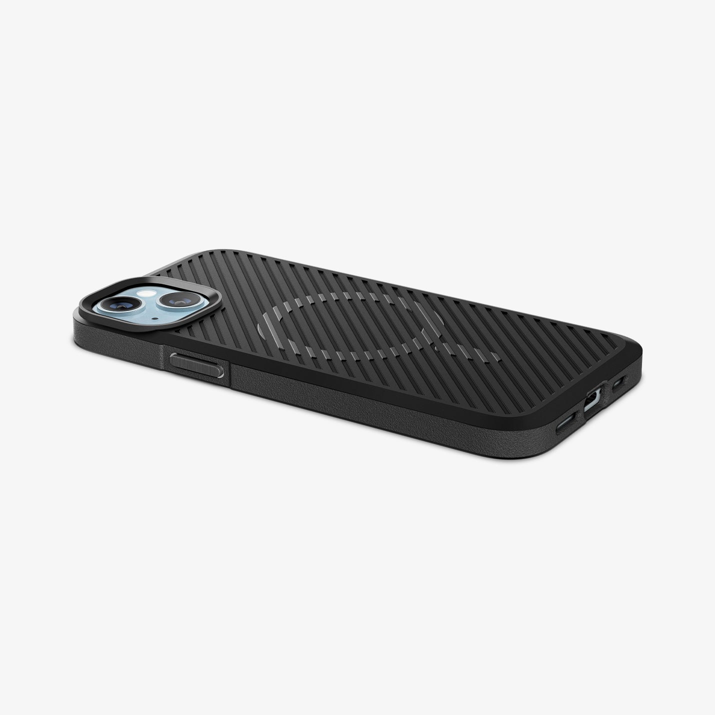 ACS06480 - iPhone 15 Case Core Armor (MagFit) in Matte Black showing the back, partial side and bottom on a flat surface