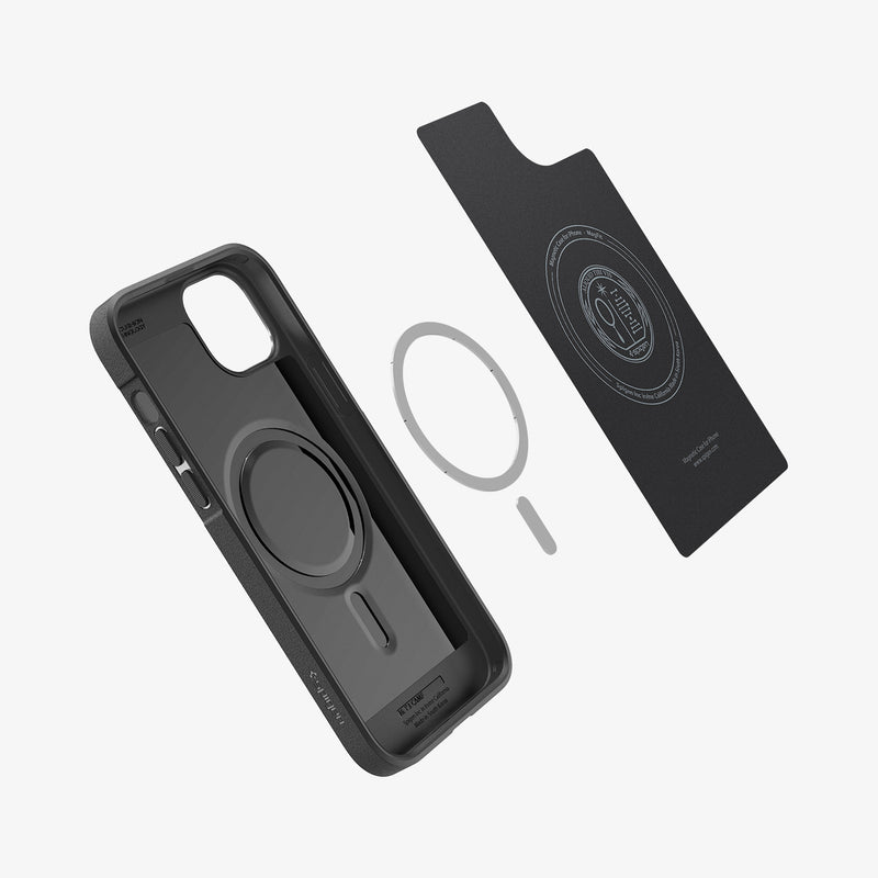 ACS06480 - iPhone 15 Case Core Armor (MagFit) in Matte Black showing the soft layer hovering above the metal ring and back case showing inner part