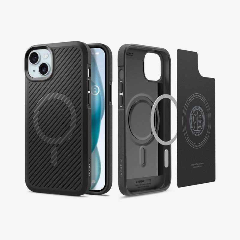 ACS06480 - iPhone 15 Case Core Armor (MagFit) in Matte Black showing the back, partial front and inner case with mag ring and soft layer detached
