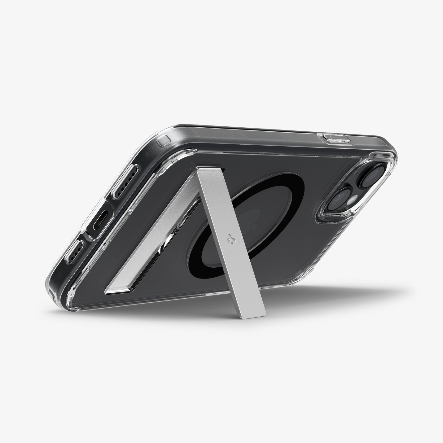 ACS06666 - iPhone 15 Plus Case Ultra Hybrid S (MagFit) in black showing the back with device propped up by built in kickstand